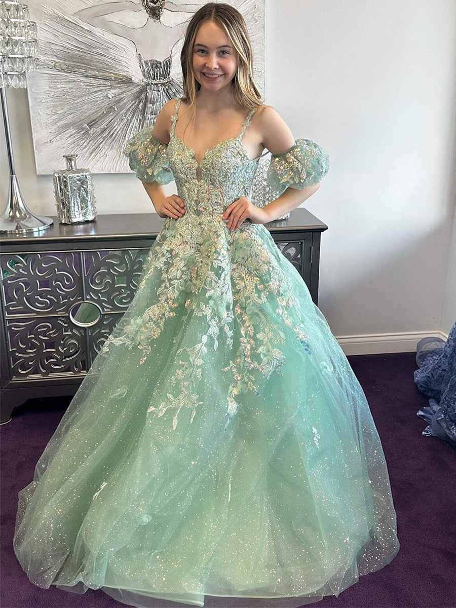 Sage Green Floral Glitter Tulle Prom Dress With Puff Sleeves
