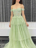 Sage Green Off The Shoulder Tiered Tulle Prom Dress With Beaded Corset Bodice