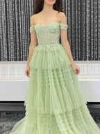 Sage Green Off The Shoulder Tiered Tulle Prom Dress With Beaded Corset Bodice