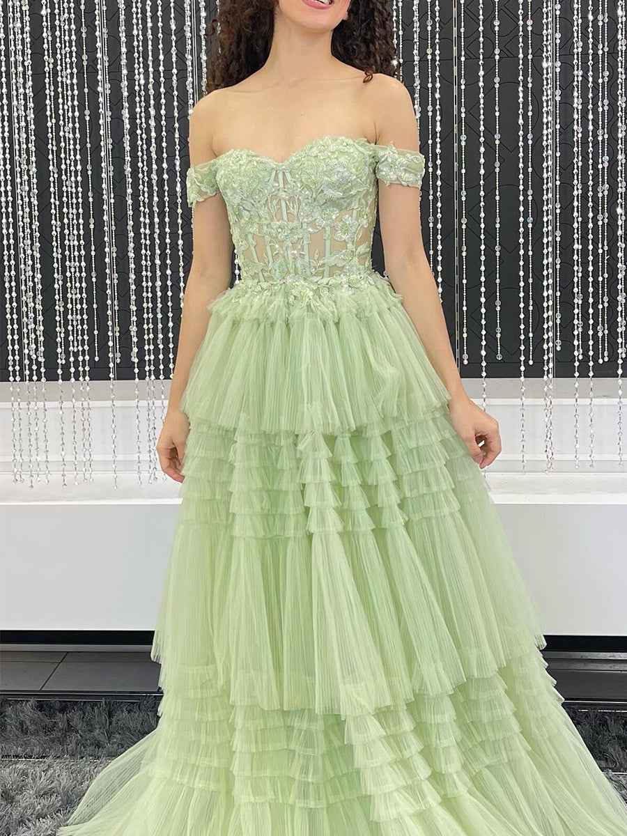 Sage Green Off The Shoulder Tiered Tulle Prom Dress With Beaded Corset Bodice