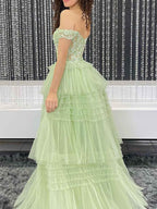 Sage Green Off The Shoulder Tiered Tulle Prom Dress With Beaded Corset Bodice