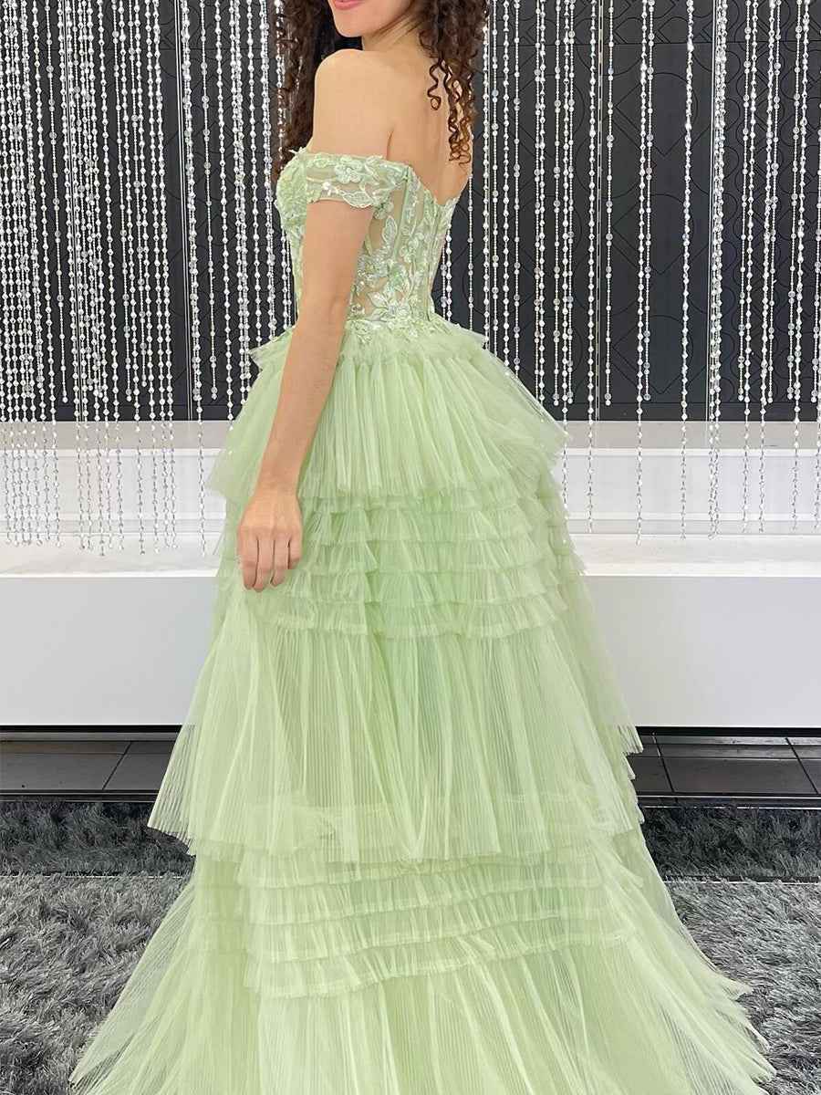Sage Green Off The Shoulder Tiered Tulle Prom Dress With Beaded Corset Bodice