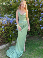 Sage Green Satin Cowl Neck Prom Dress Ruched Waist
