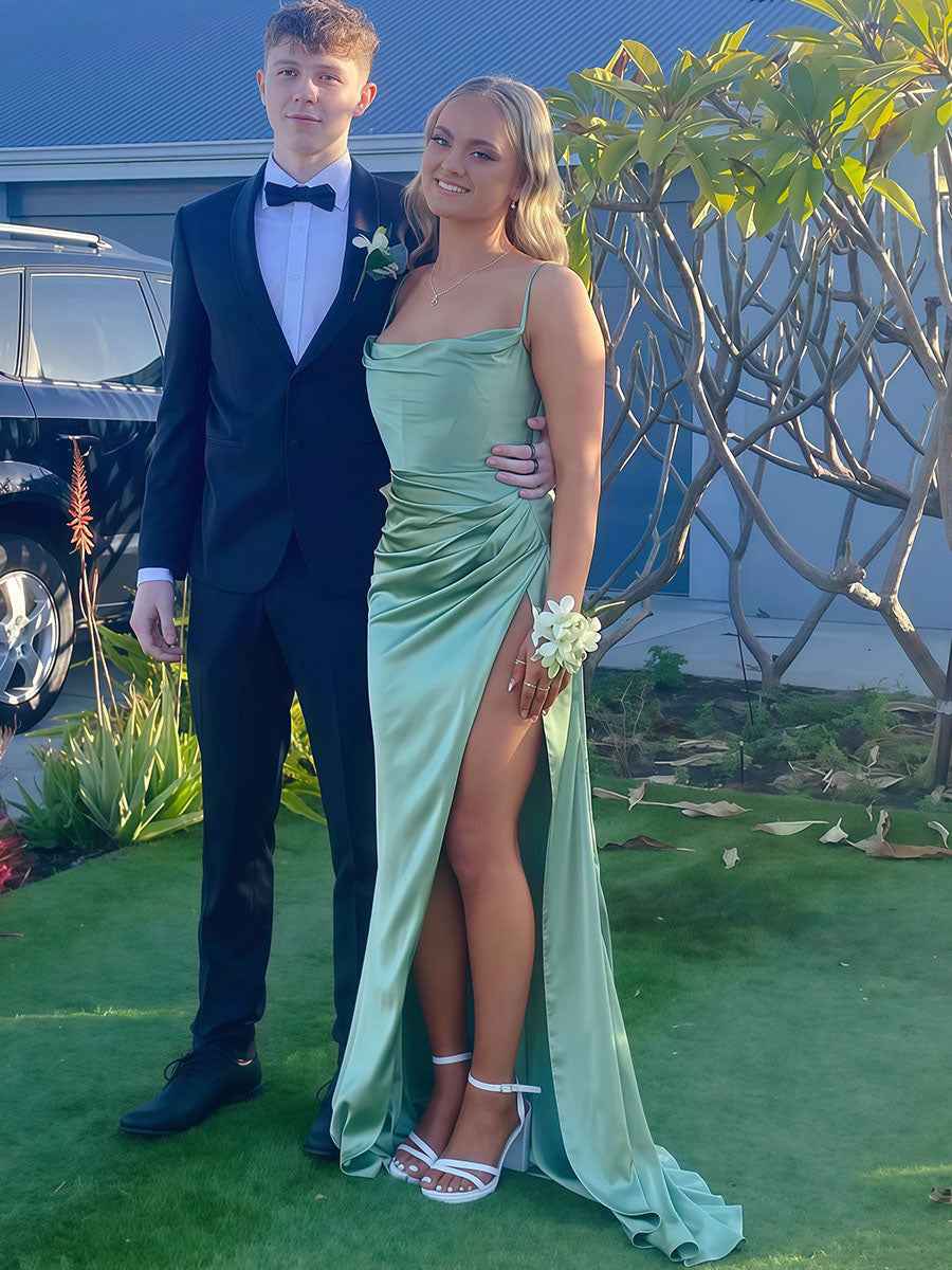 Sage Green Satin Cowl Neck Prom Dress Ruched Waist