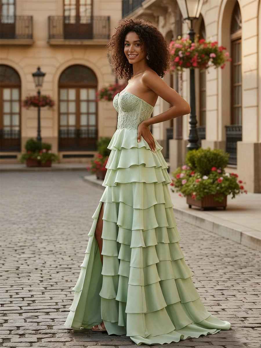 Sage Green Strapless Tiered Ruffle Prom Dress Floral Lace Bodice