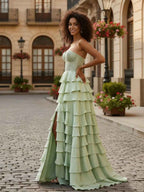 Sage Green Strapless Tiered Ruffle Prom Dress Floral Lace Bodice