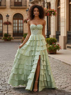 Sage Green Strapless Tiered Ruffle Prom Dress Floral Lace Bodice