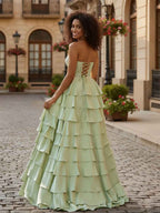 Sage Green Strapless Tiered Ruffle Prom Dress Floral Lace Bodice