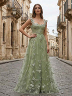Sage Green Butterfly Tulle Corset Prom Dress With Sweetheart Neckline