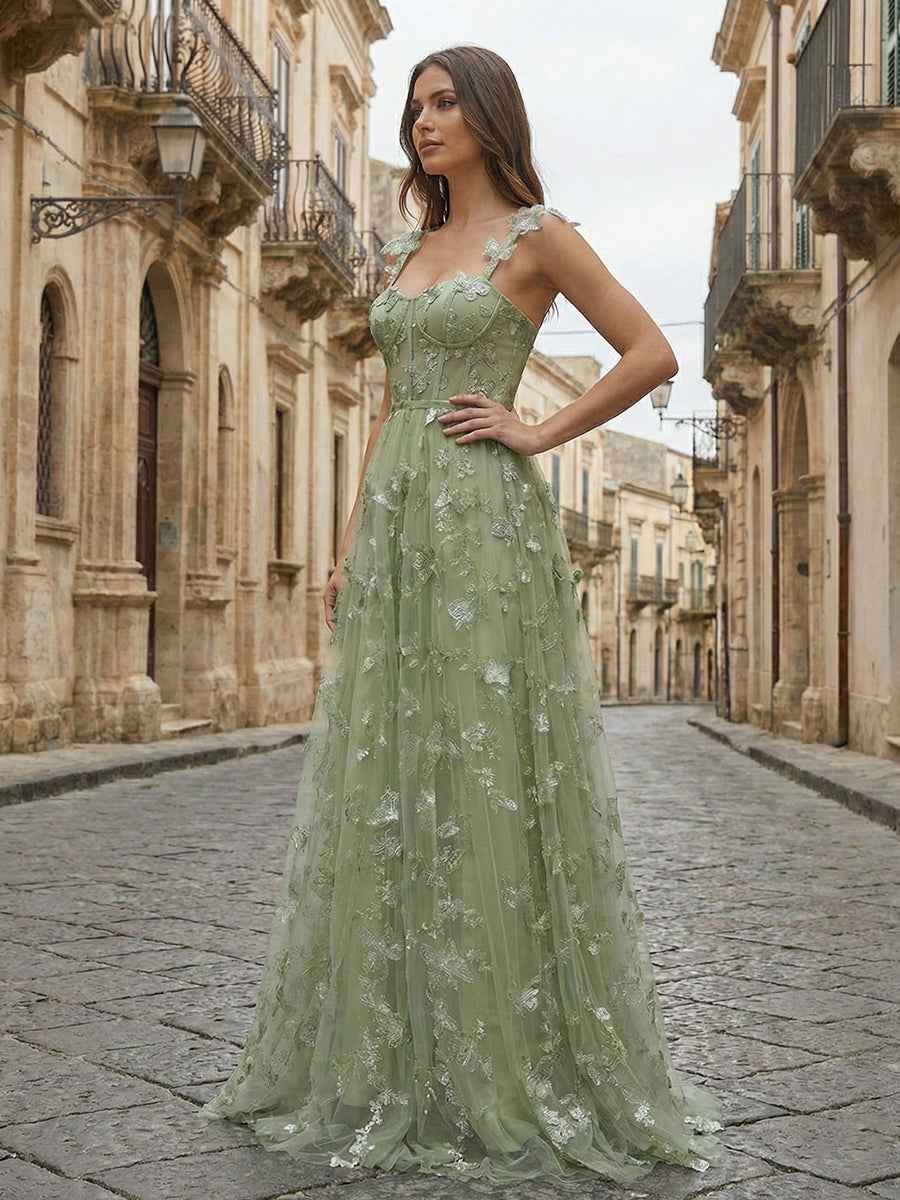 Sage Green Butterfly Tulle Corset Prom Dress With Sweetheart Neckline