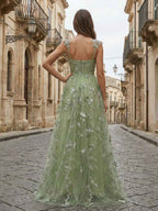 Sage Green Butterfly Tulle Corset Prom Dress With Sweetheart Neckline