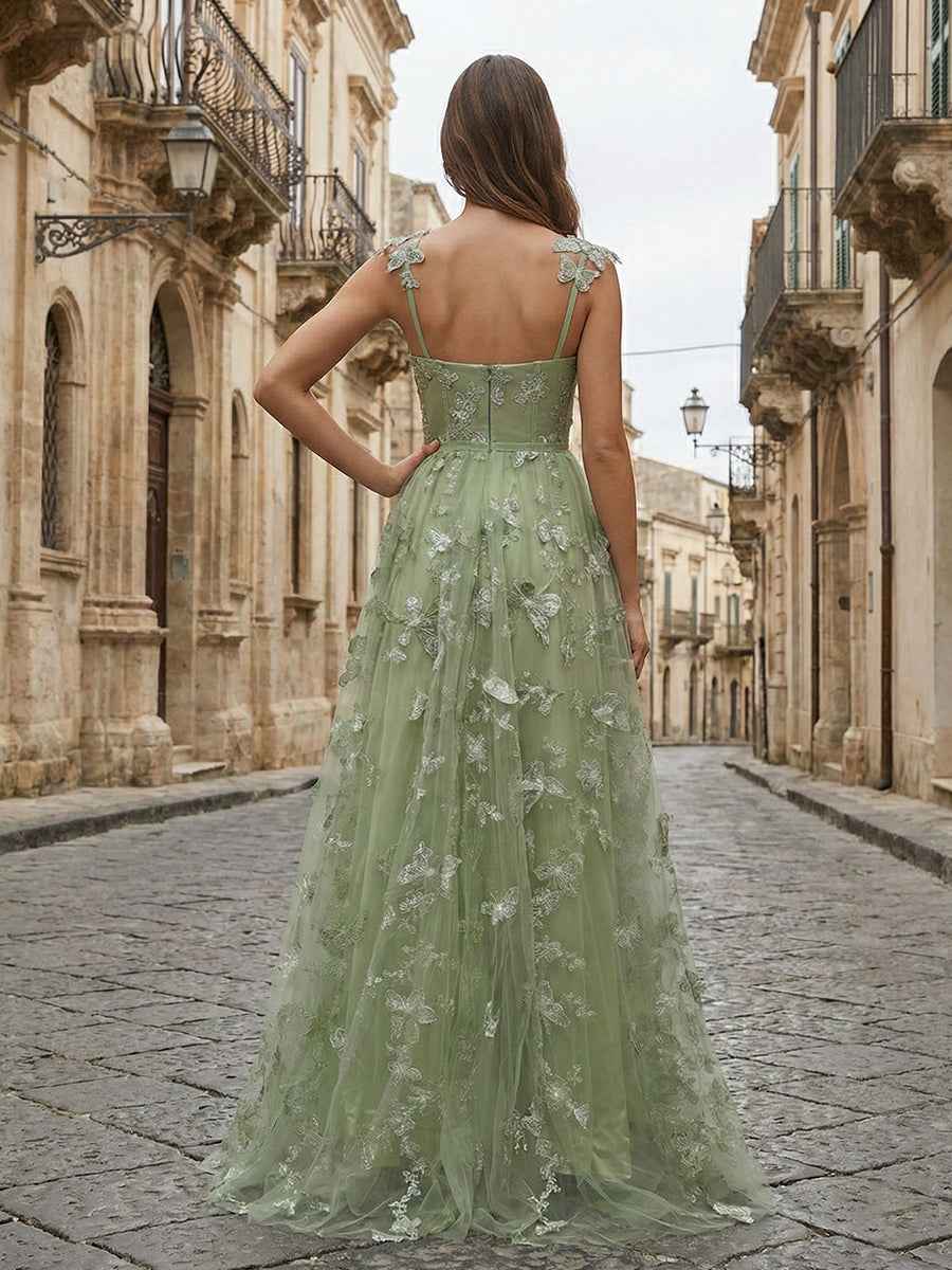 Sage Green Butterfly Tulle Corset Prom Dress With Sweetheart Neckline