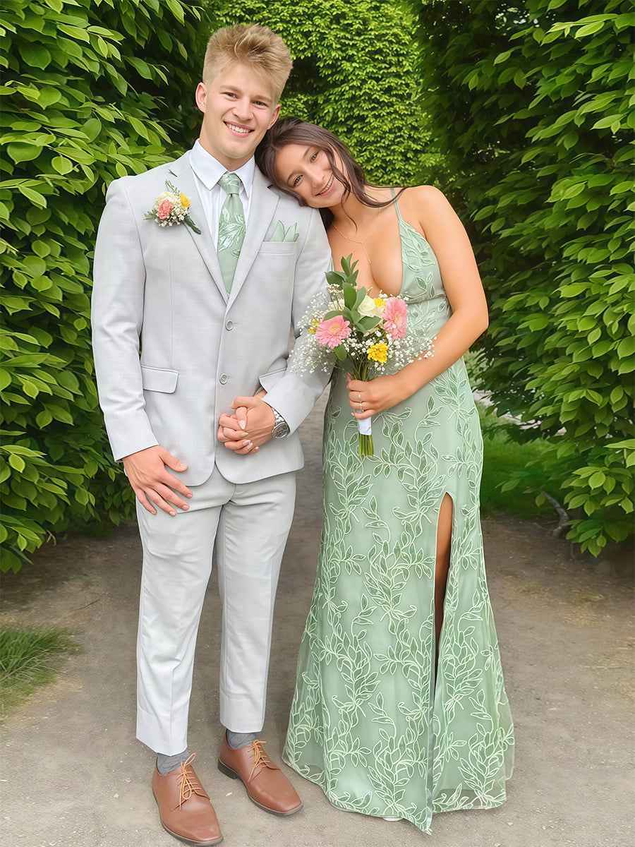 Sage Green V Neck Fitted Long Prom Dress With Slit Leafy Vine Embroidery