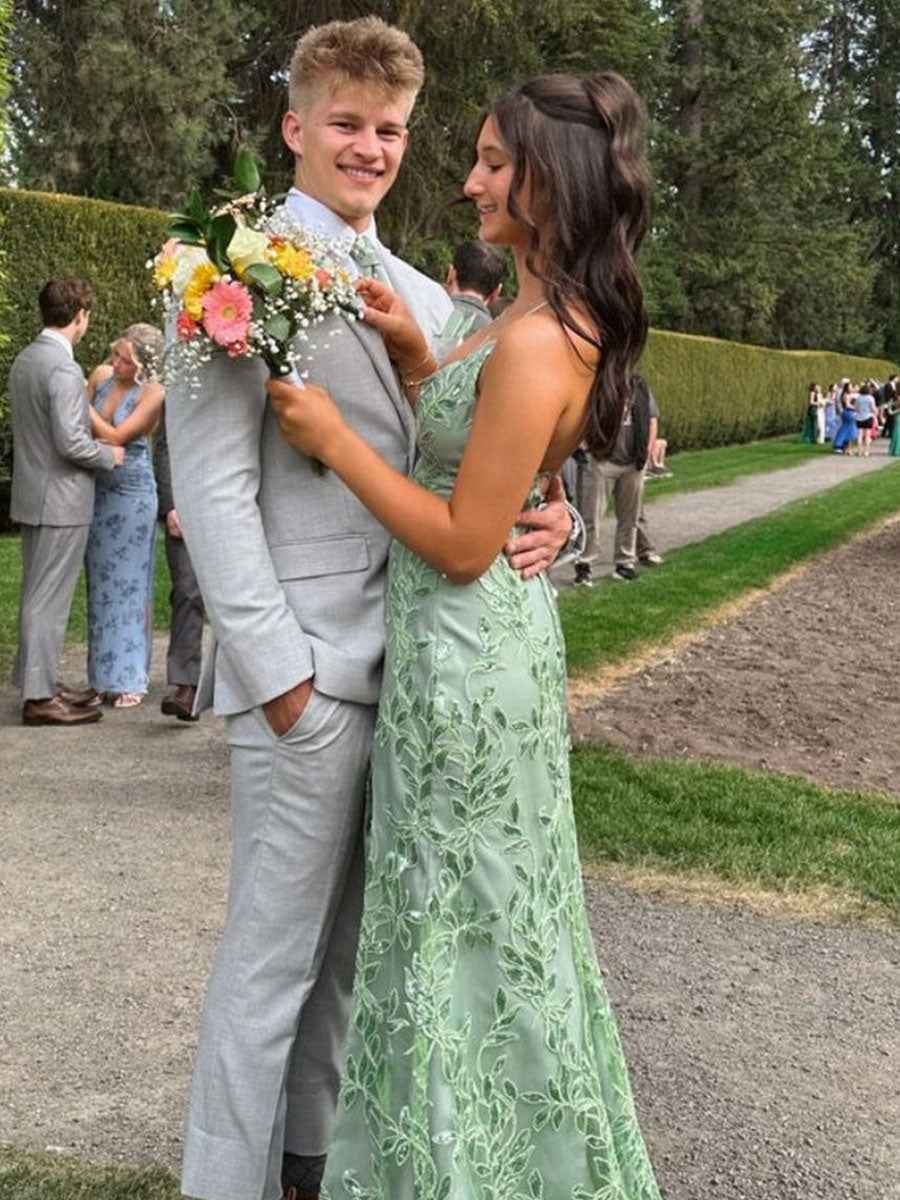 Sage Green V Neck Fitted Long Prom Dress With Slit Leafy Vine Embroidery
