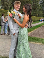 Sage Green V Neck Fitted Long Prom Dress With Slit Leafy Vine Embroidery
