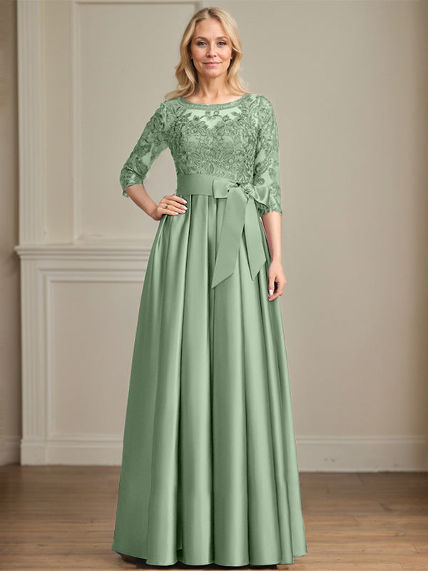 A-Linie, U-Ausschnitt, Illusion, bodenlanges Satin-Spitzenkleid für die Brautmutter mit Paillettenschleife 
