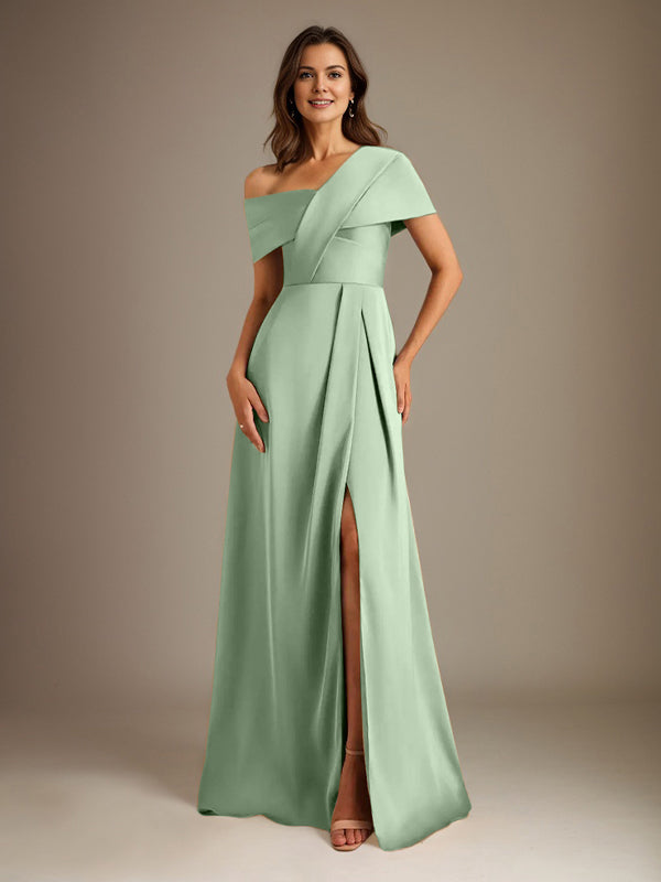 Robe de mère de la mariée en satin, longueur au sol, encolure asymétrique en ligne A avec plis