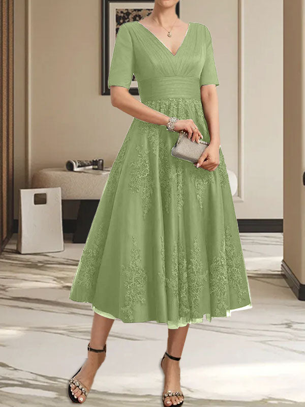 A-Linie V-Ausschnitt Wadenlanges Tüll-Spitzenkleid für die Brautmutter mit Plissee