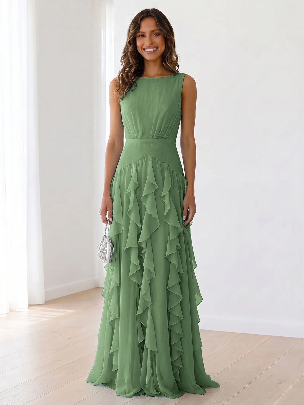 Sky Blue Tiered Chiffon Evening Maxi Dress With Ruched Bodice