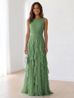 Sky Blue Tiered Chiffon Evening Maxi Dress With Ruched Bodice