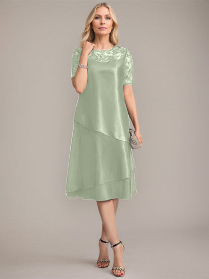 A-Linie, U-Ausschnitt, knielanges Kleid für die Brautmutter mit Applikationen und Pailletten 