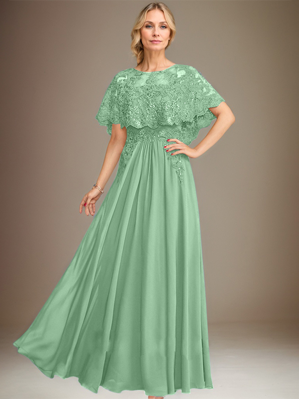 Robe de mère de la mariée en mousseline de soie à dentelle, longueur au sol, en ligne A, col bateau, ornée d'appliques à paillettes