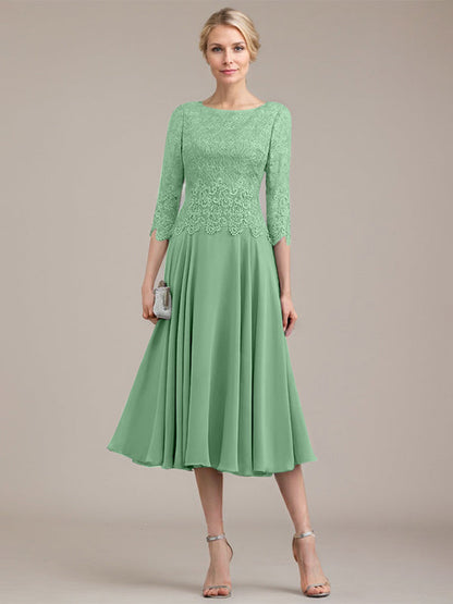 A-Linie U-Ausschnitt Wadenlang Chiffon-Kleid für die Brautmutter 