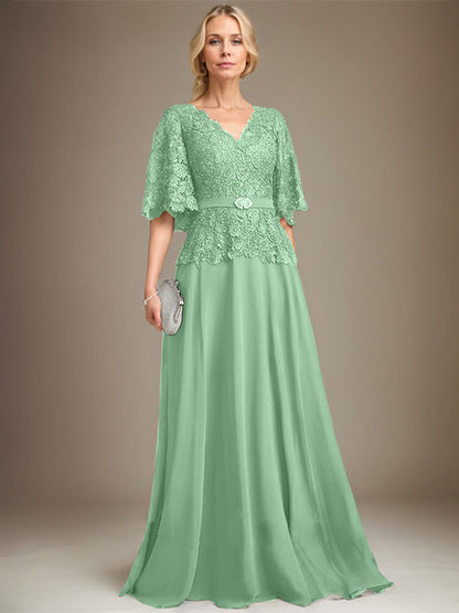 A-Linie V-Ausschnitt Bodenlang Chiffon Spitze Mutter der Braut Kleid Mit Kristall Brosche Strass 
