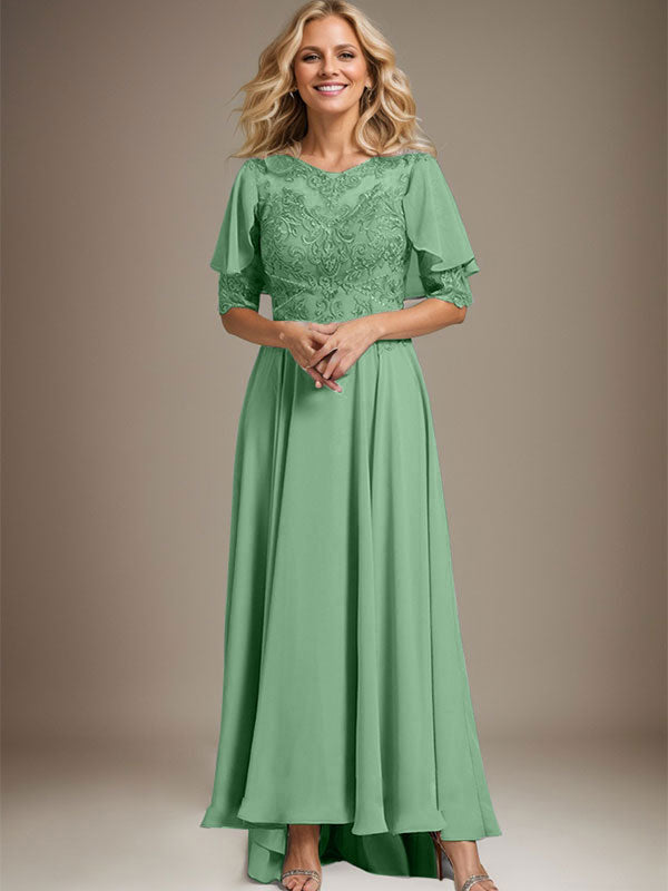 Robe de mère de la mariée en mousseline et dentelle asymétrique à encolure dégagée en ligne A avec perles