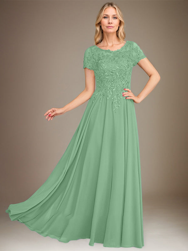 Robe de mère de la mariée en mousseline, longueur au sol, coupe en A, décolleté arrondi, ornée d'appliques et de paillettes