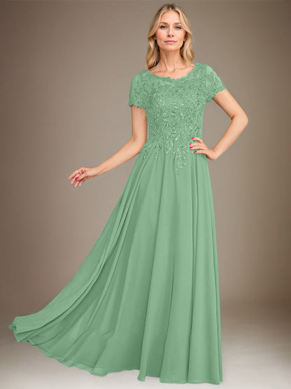 Vestido de gasa para madre de la novia, corte A, largo hasta el suelo, con apliques y lentejuelas 