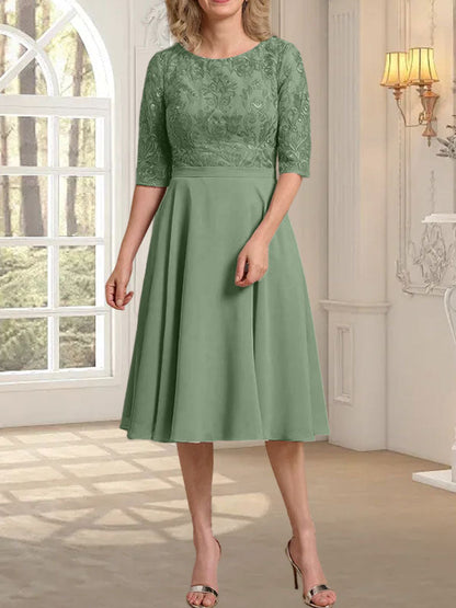 A-Linie U-Ausschnitt Knielang Chiffon Spitzenkleid für die Brautmutter