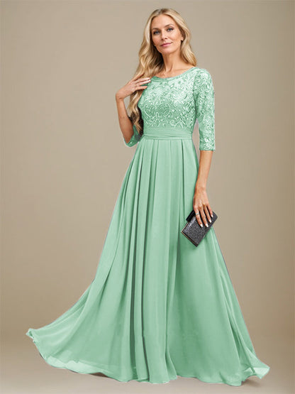 A-Linie U-Ausschnitt Bodenlang Spitzen-Chiffon-Kleid für die Brautmutter mit Paillettenapplikation 