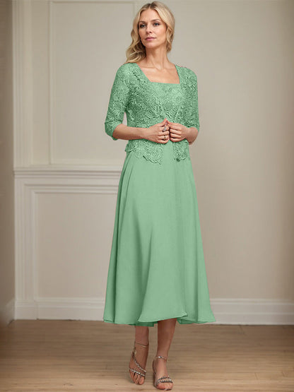 A-Linie Quadratisches Wadenlanges Chiffon-Spitzenkleid für die Brautmutter mit Pailletten und Perlen 