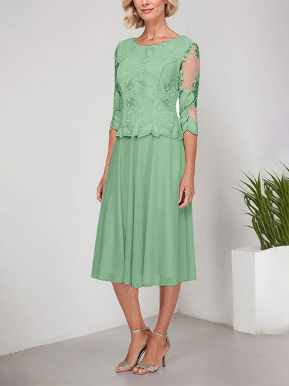A-Linie U-Ausschnitt Wadenlang Spitzen Chiffon Mutter der Braut Kleid mit Stickerei 