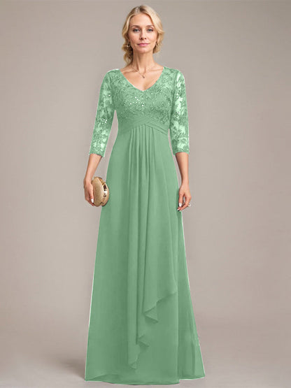 Vestido de madre de la novia de gasa con encaje, escote en V, largo hasta el suelo, con volantes en cascada y lentejuelas 