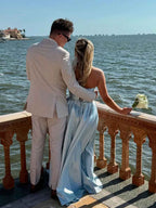 Light Blue Satin Beaded Corset A Line Prom Dress With High Slit Strapless