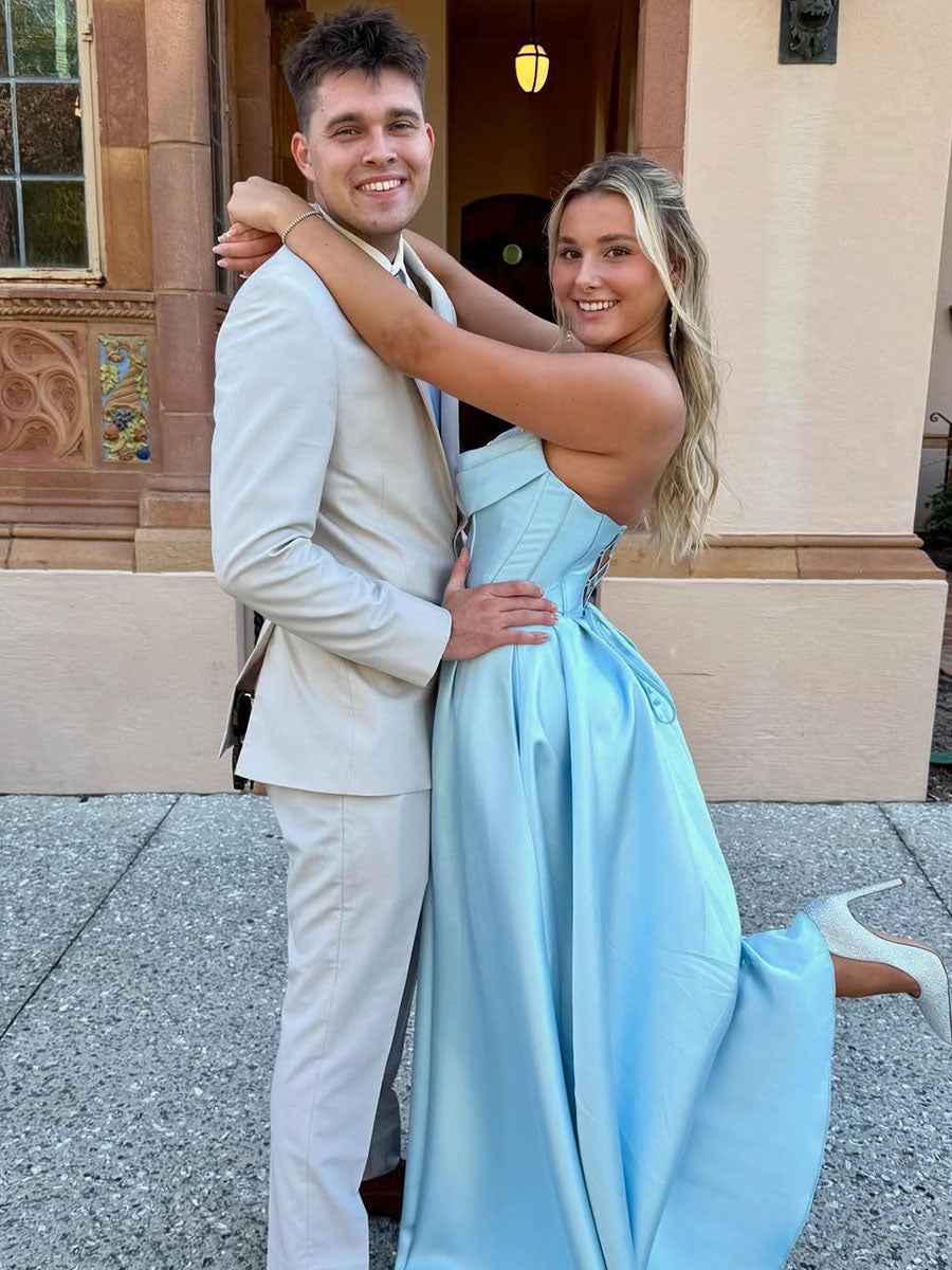 Light Blue Satin Beaded Corset A Line Prom Dress With High Slit Strapless