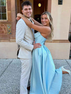 Light Blue Satin Beaded Corset A Line Prom Dress With High Slit Strapless
