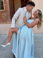 Light Blue Satin Beaded Corset A Line Prom Dress With High Slit Strapless