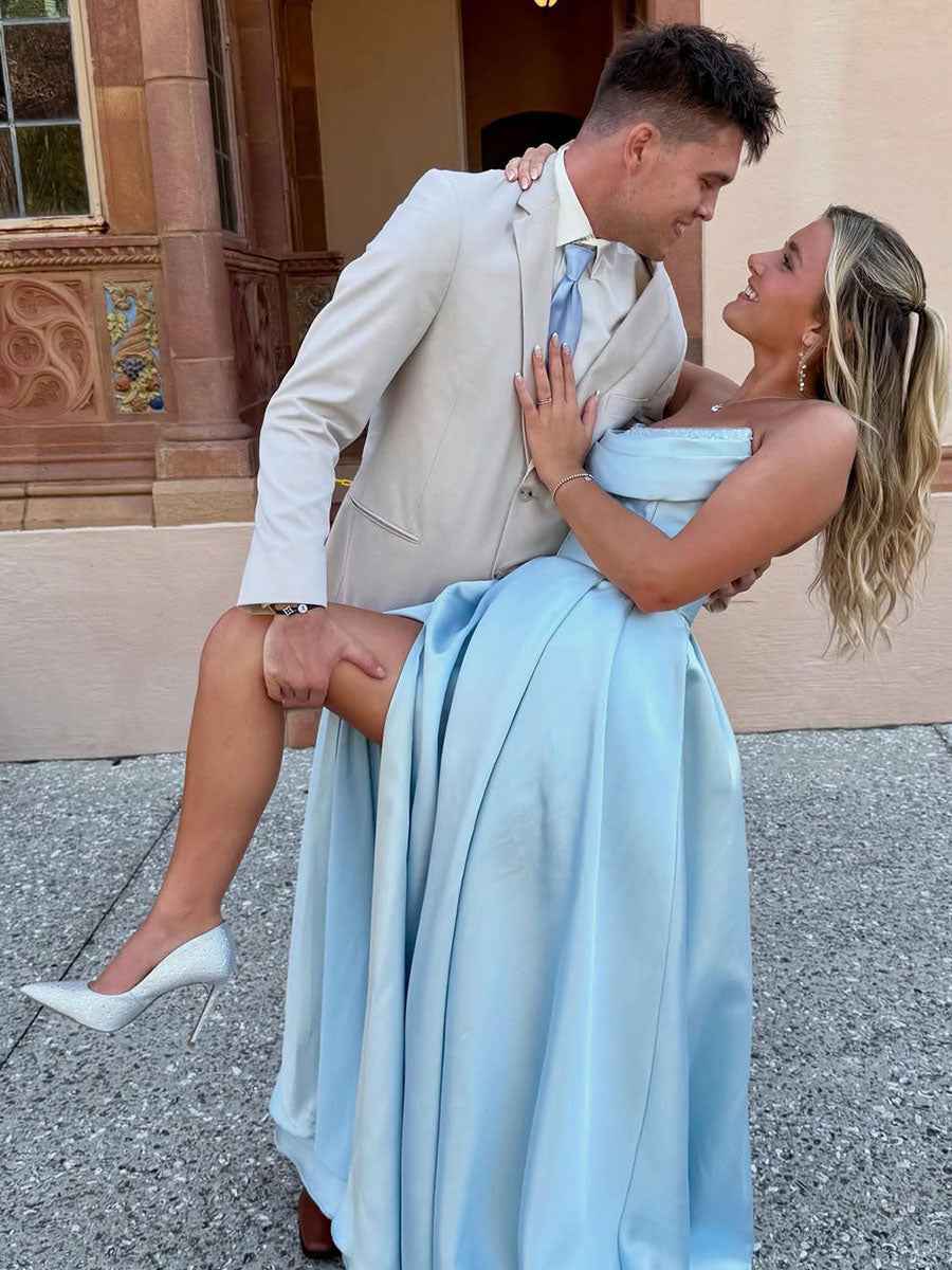 Light Blue Satin Beaded Corset A Line Prom Dress With High Slit Strapless
