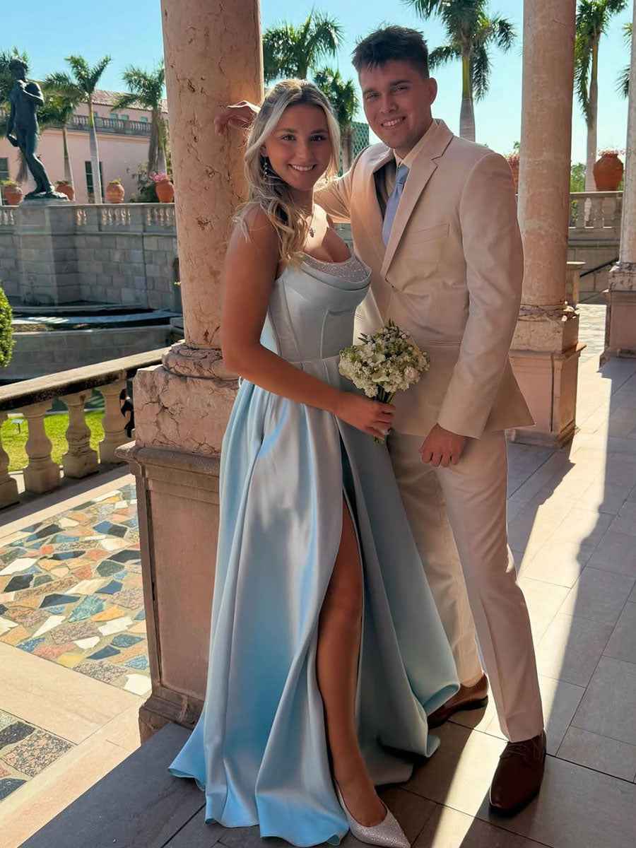 Light Blue Satin Beaded Corset A Line Prom Dress With High Slit Strapless