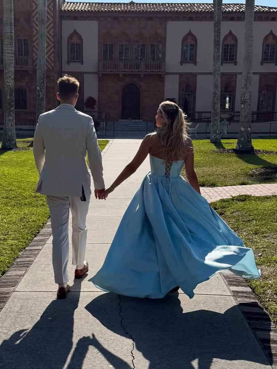 Light Blue Satin Beaded Corset A Line Prom Dress With High Slit Strapless