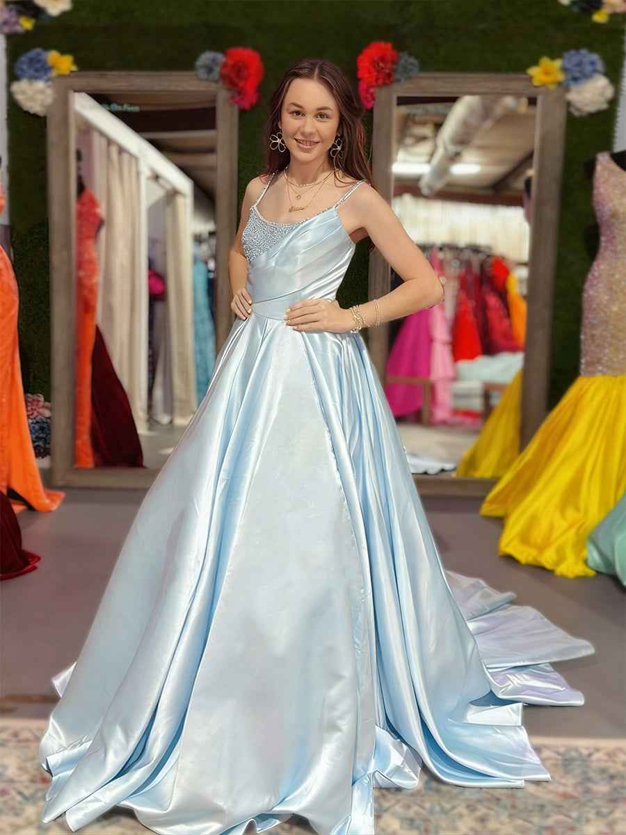 Ice Blue Satin A-Line Prom Dress With Draped Bodice And Beading