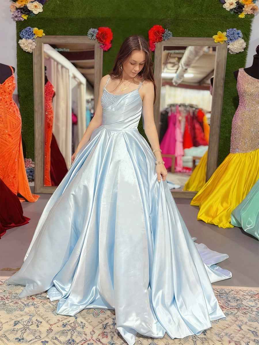 Ice Blue Satin A-Line Prom Dress With Draped Bodice And Beading