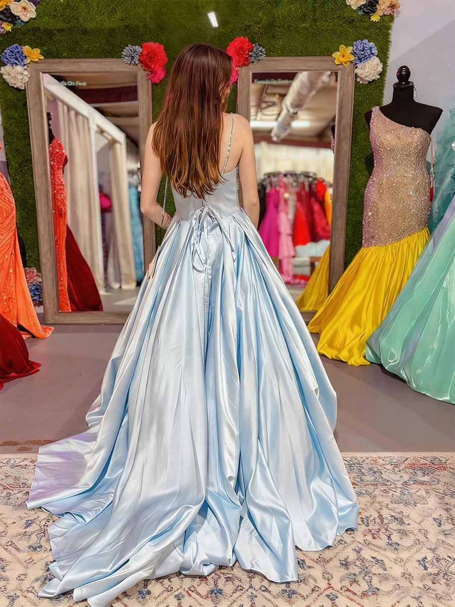 Ice Blue Satin A-Line Prom Dress With Draped Bodice And Beading