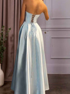 Light Blue Satin A Line Beaded Corset Long Prom Dress With High Slit
