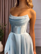 Light Blue Satin A Line Beaded Corset Long Prom Dress With High Slit