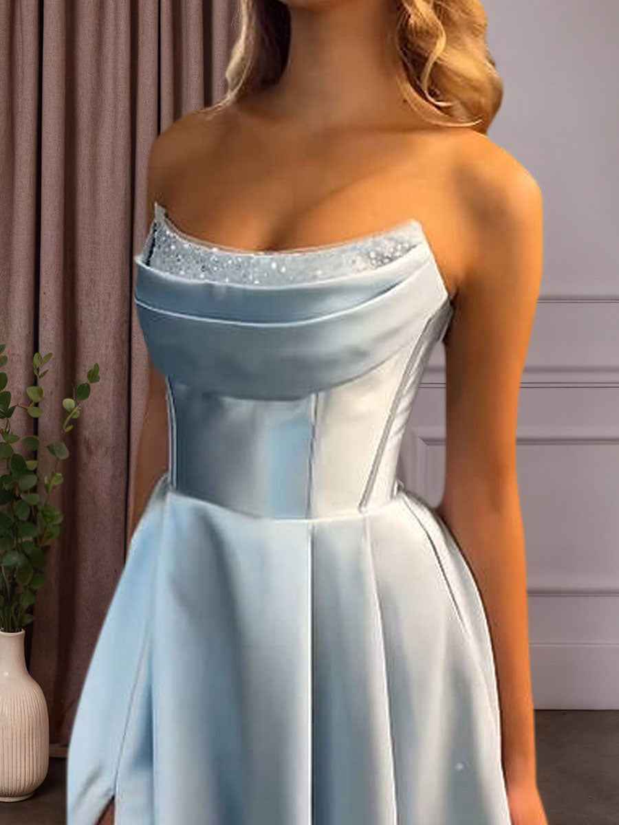 Light Blue Satin A Line Beaded Corset Long Prom Dress With High Slit