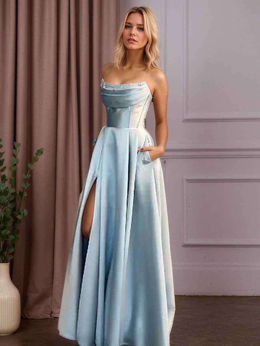 Light Blue Satin A Line Beaded Corset Long Prom Dress With High Slit